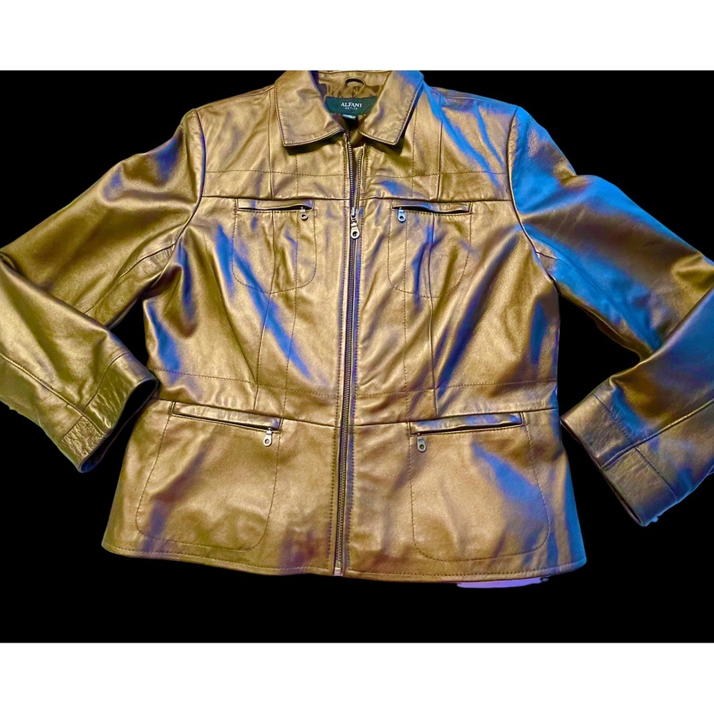 AlLFANI PETITE MED. COPPER GOLD LEATHER JACKET W/FRONT ZIPPERS, EX. COND.